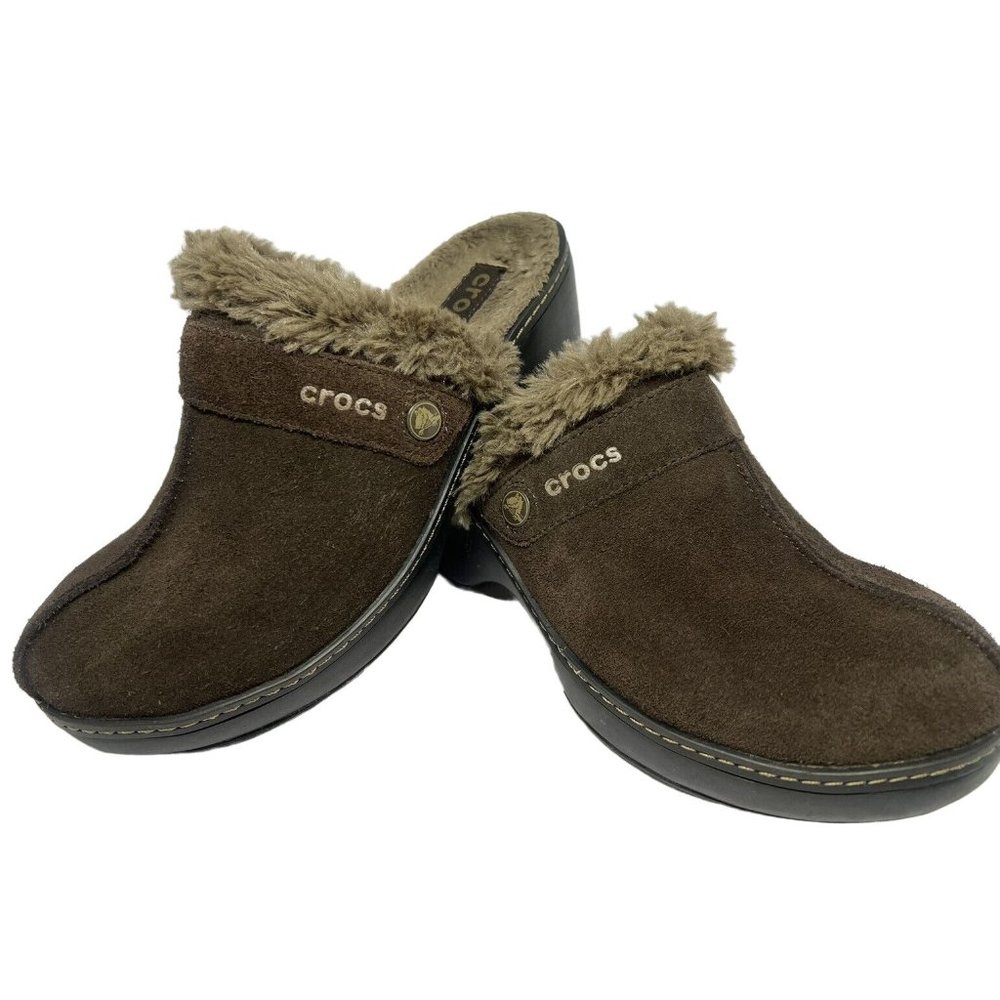 Crocs Clogs Brown Suede Mules Faux Fur Lined Cobbler 11602 Womens Size 7